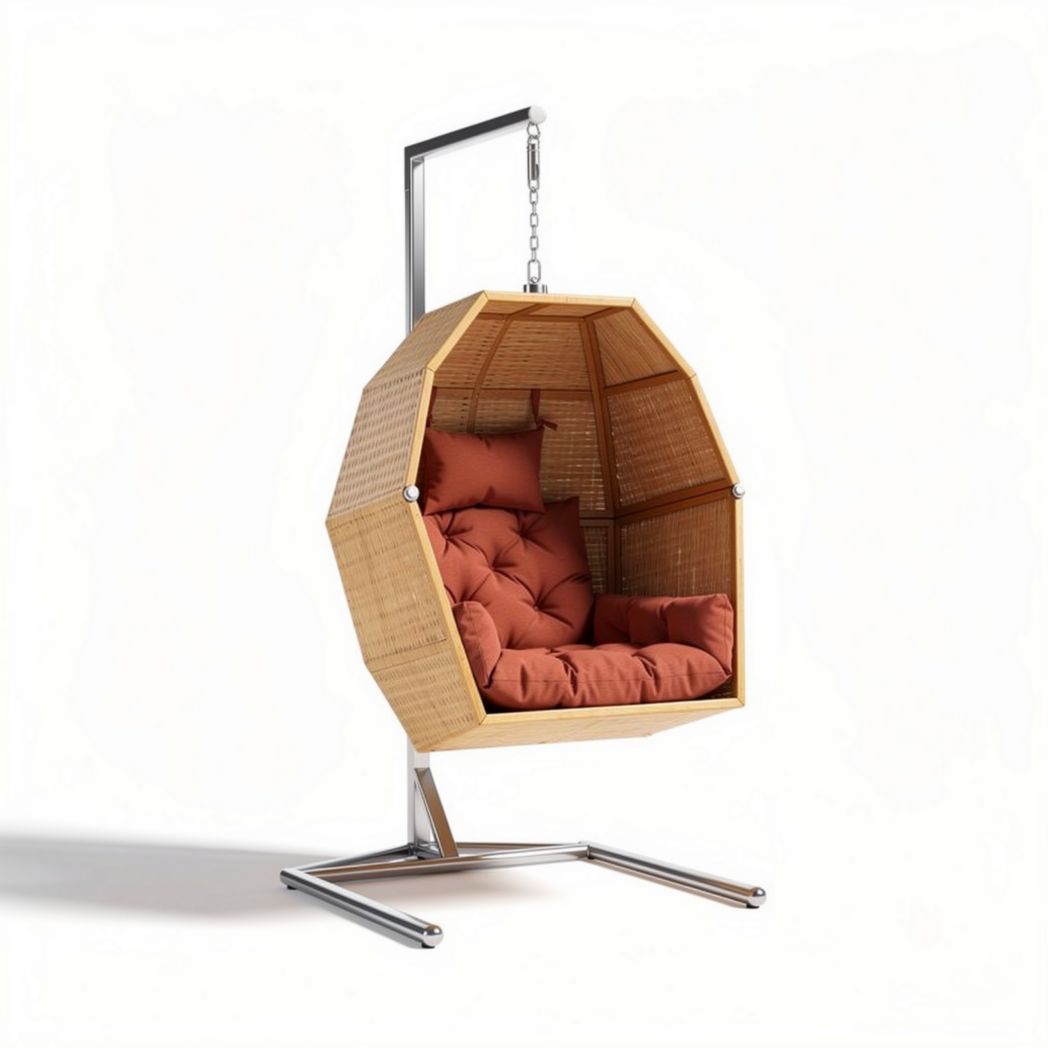 Hanging wicker chair with cushioned seat and stainless steel frame 60 x 60 x 120cm