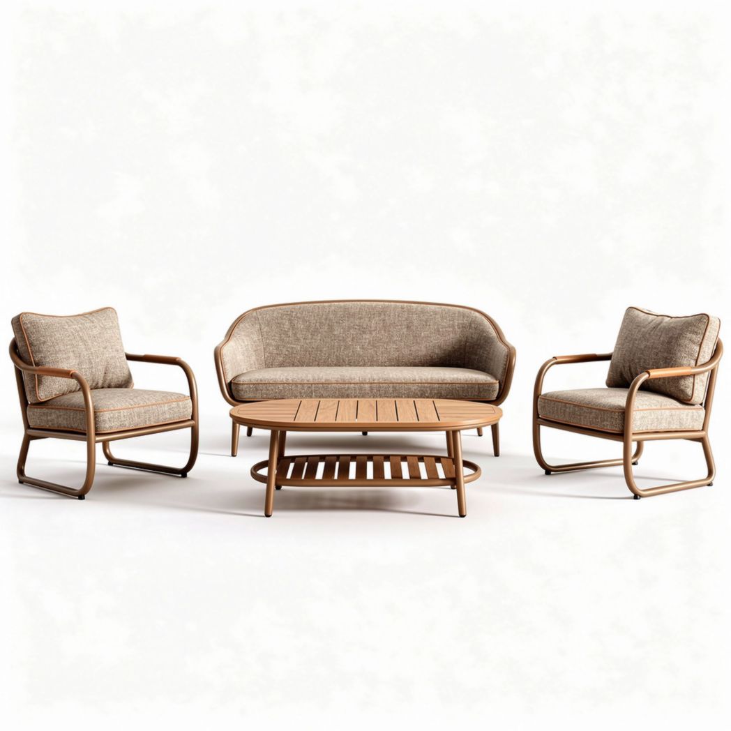 Rattan four-piece outdoor furniture set with cushioned seating and coffee table