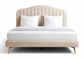 Upholstered bed frame with headboard in beige fabric and wooden legs 200 x 160 x 100cm