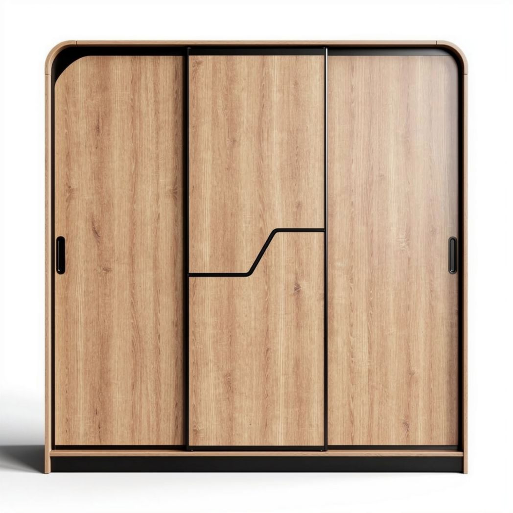 Wooden wardrobe with three sliding doors in natural wood finish 200 x 60 x 220cm