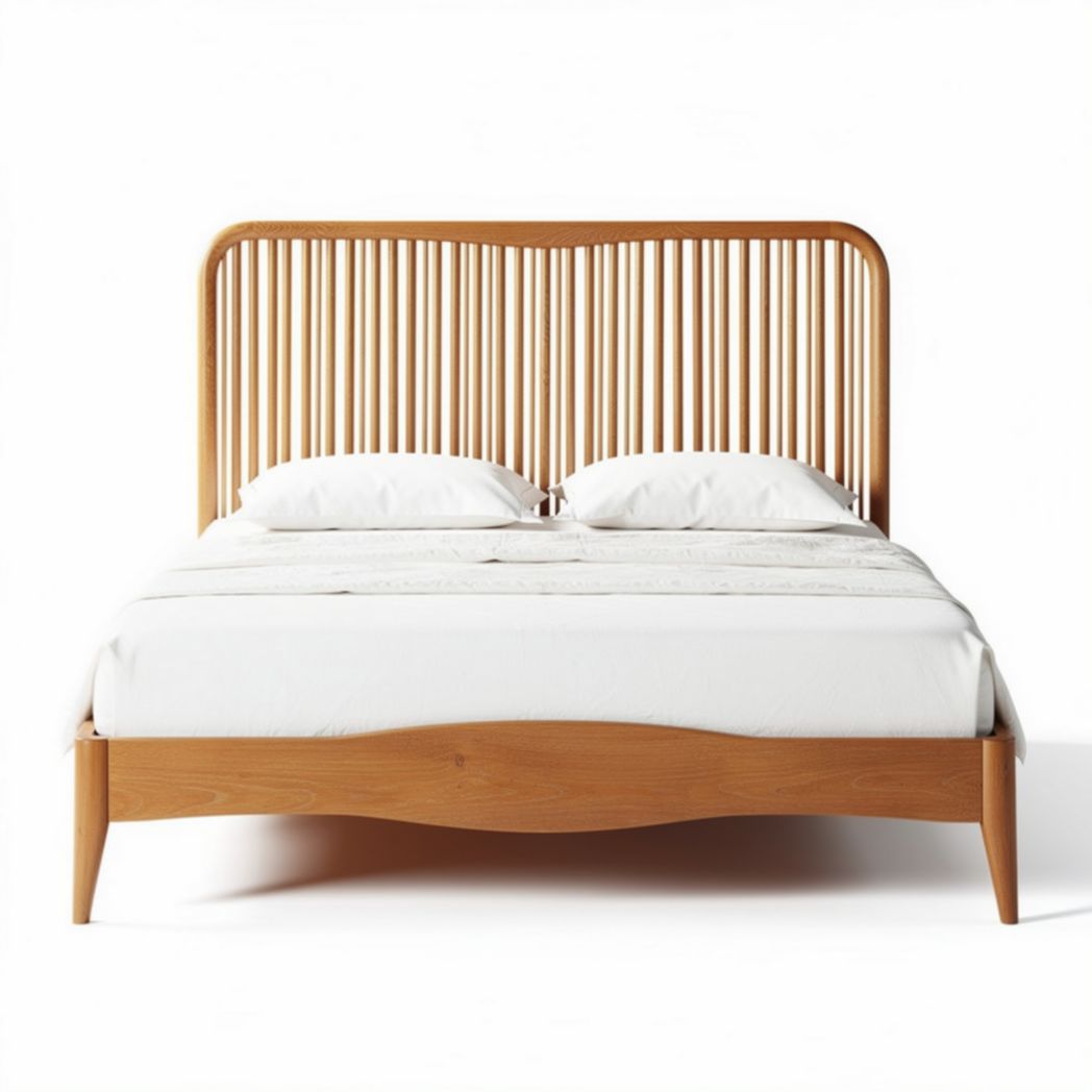 Wooden bed frame with slatted headboard and neutral bedding 200 x 160 x 100cm