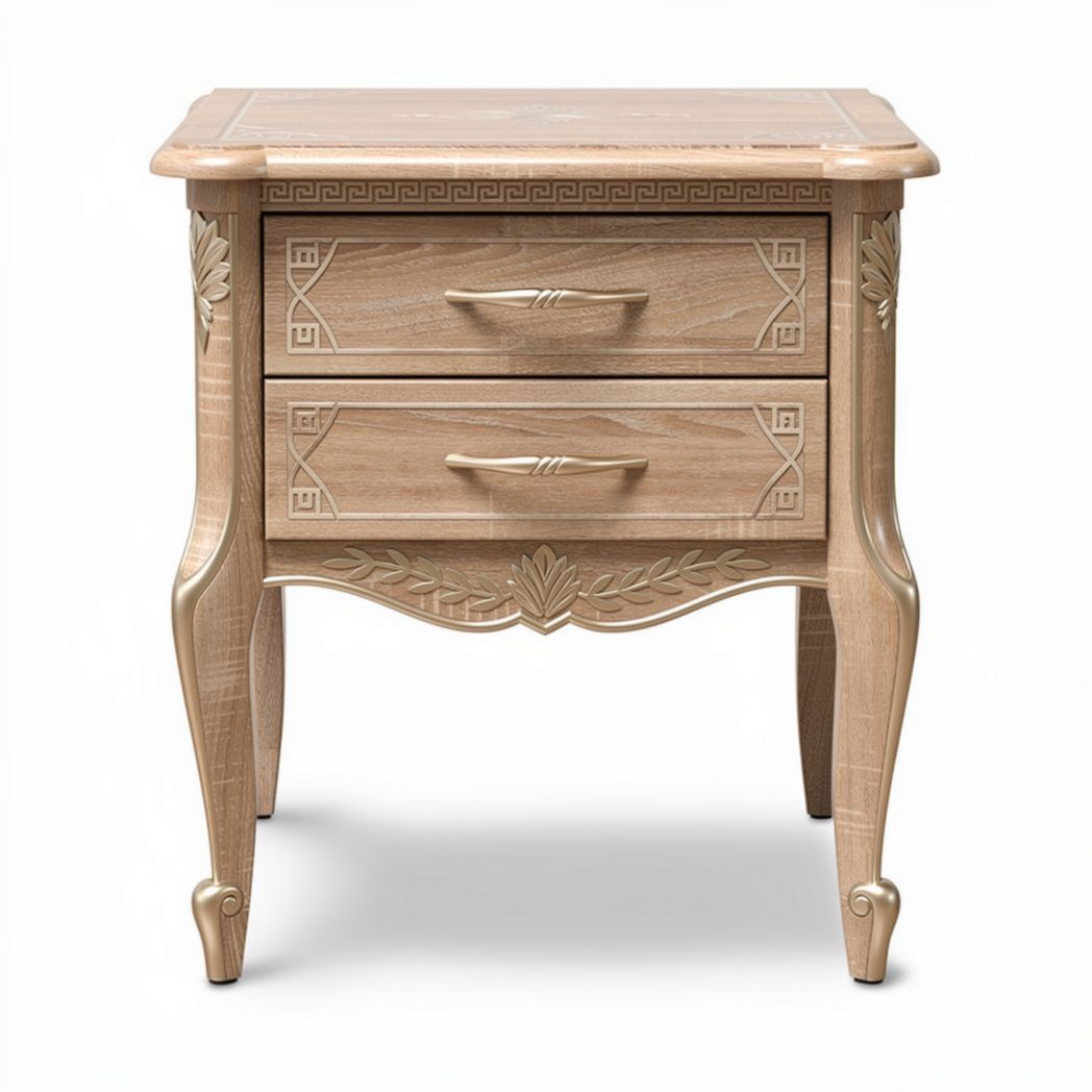 Wooden nightstand with decorative carvings and two storage drawers 50 x 40 x 60cm
