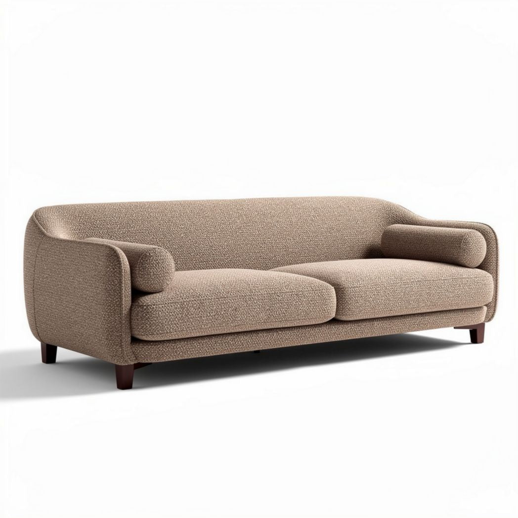 Textured fabric sofa in neutral beige color with curved armrests 200 x 90 x 75cm