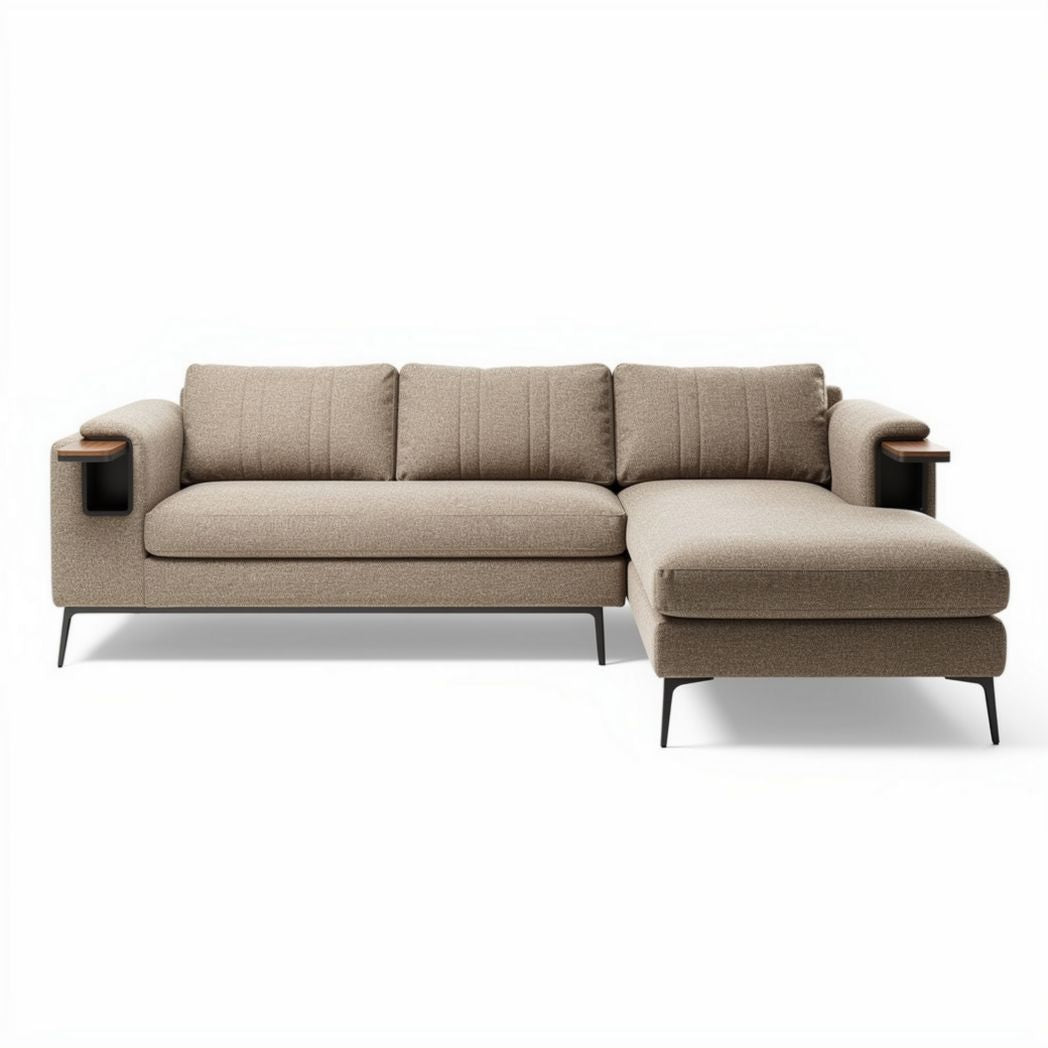 L-shaped sofa with chaise lounge brown fabric upholstery and wooden armrests 250 x 150 x 90cm