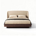 Fabric upholstered bed frame with walnut finish and queen size dimensions 200 x 160 x 100cm