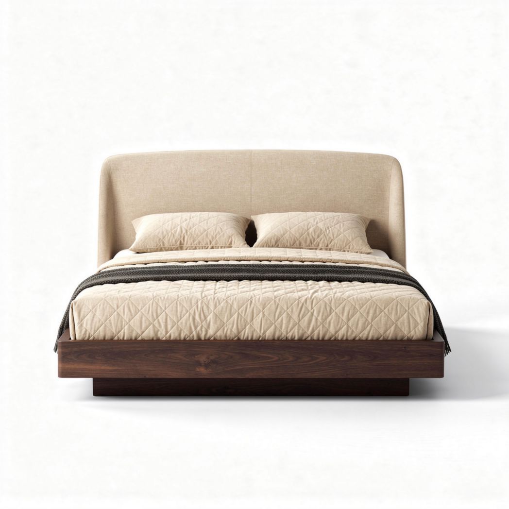 Fabric upholstered bed frame with walnut finish and queen size dimensions 200 x 160 x 100cm