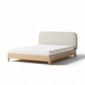 Wooden bed frame with beige upholstered headboard in queen size 200 x 160 x 30cm